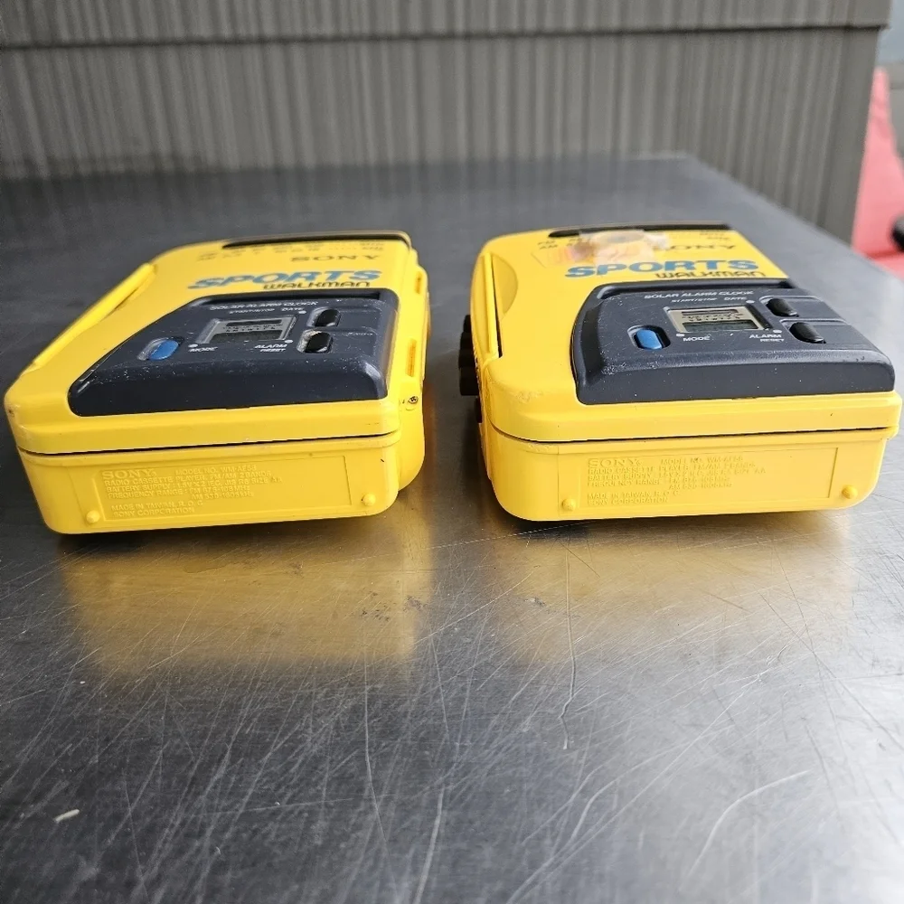 TWO Vintage Sony Yellow Sports Walkman WM-AF58 Radio Cassette Player Solar Alarm